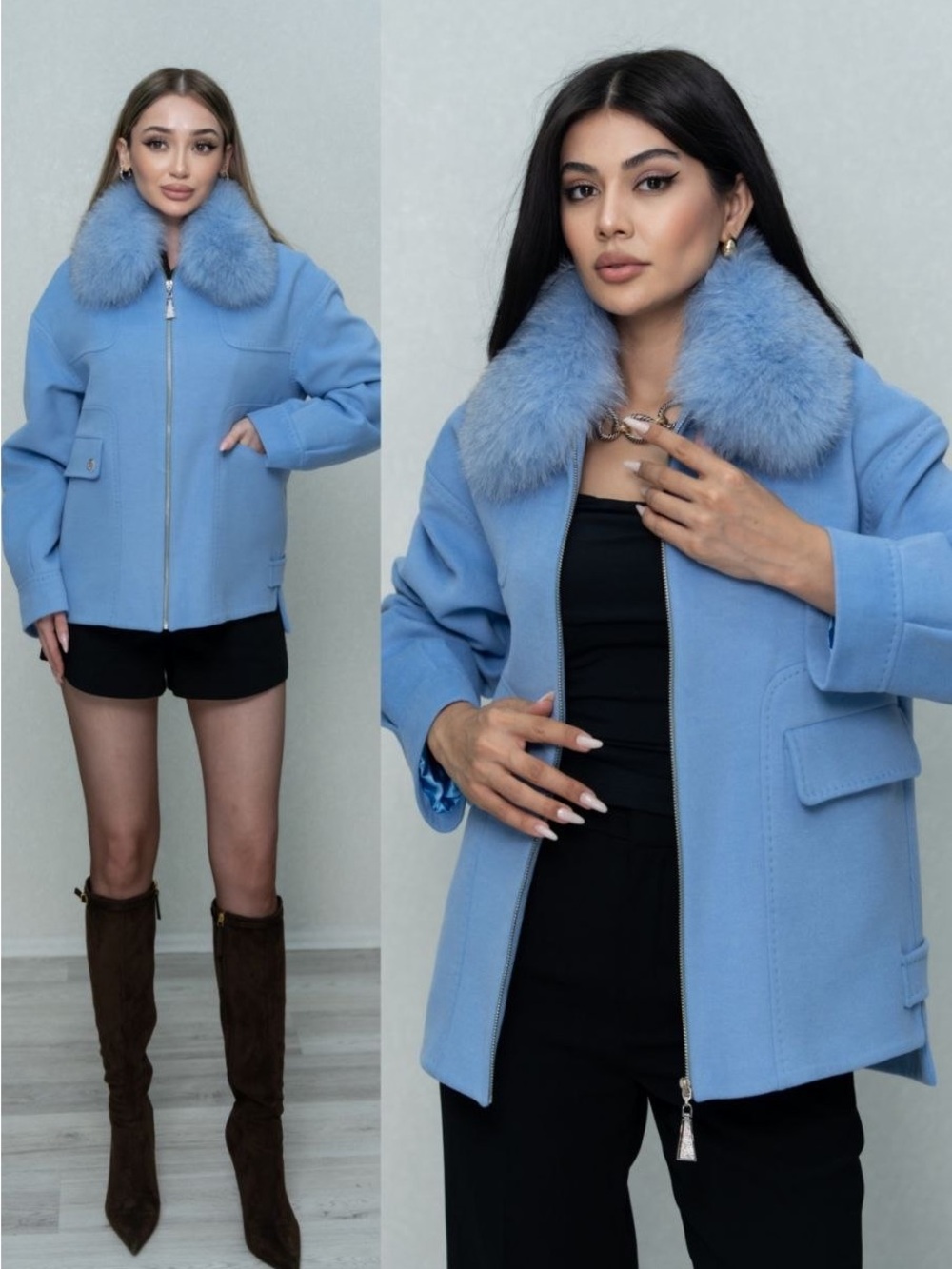 Classic Blue Faux-Fur Collar Jacket - Women